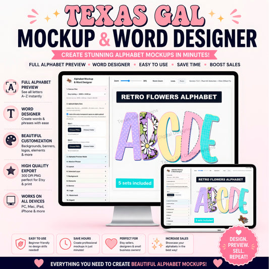 Texas Gal Alphabet Mockup And Word Designer, PNG Alphabet Mockup Generator For Digital Designers, Instant Downloads, Create Words And Phrases Fast